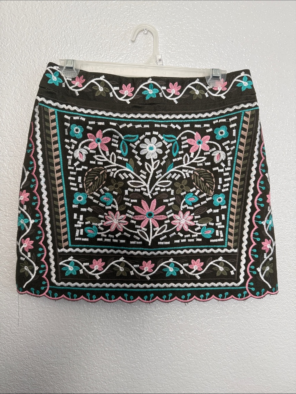 Francesca's Collection Olive green Skirt with Pink & Teal Floral Embroidery